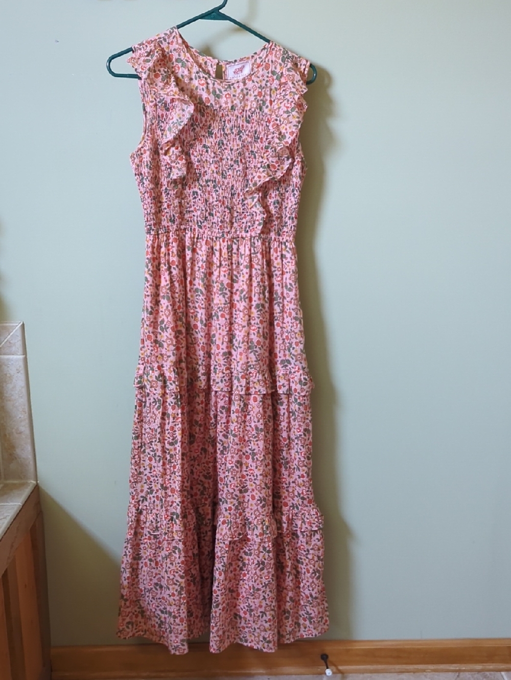 Banjanan Pink Floral Ruffle Dress with Green Leaves